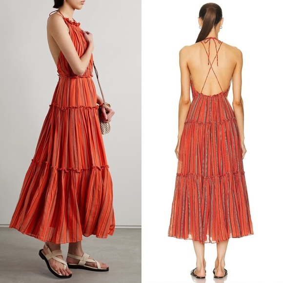 ULLA JOHNSON Cotton Stripe Sleeveless Halter Neck Open Back Tier Ruffle Dress 10 - Picture 5 of 14